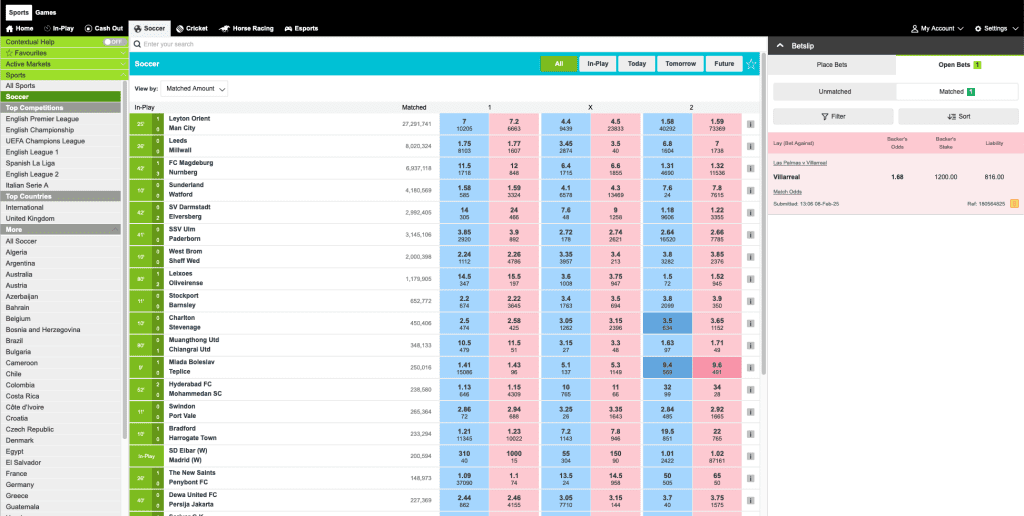 BFB247 betting exchange interface showing live soccer markets and a matched lay bet on Villarreal in the betslip.