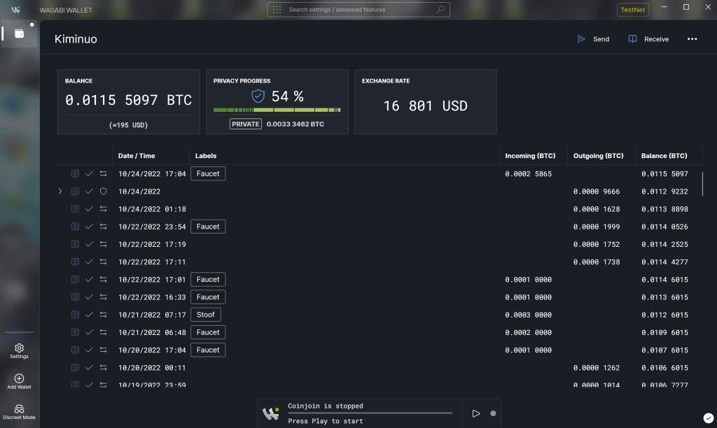Wasabi Wallet showing a CoinJoin mixing round with Bitcoin being anonymised alongside other users' transactions.